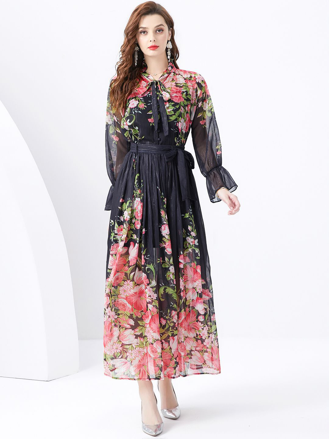 

JC Collection Floral Printed Fit and Flare Dress, Black