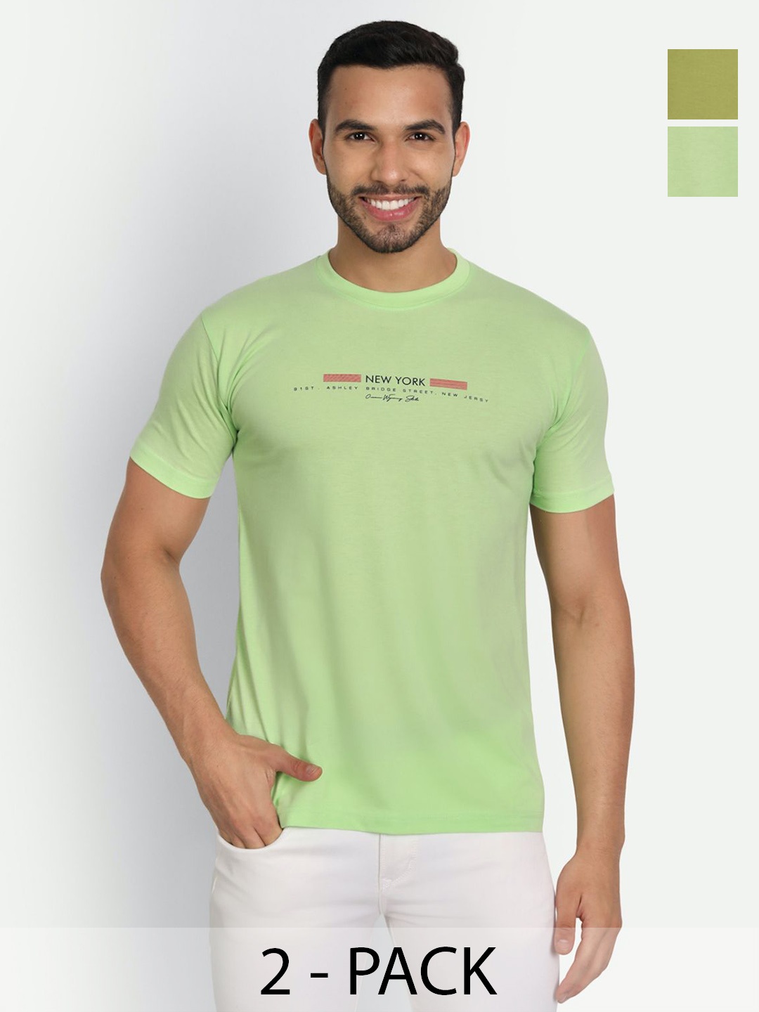 

ZEFFIT Men Pack Of 2 Typography Printed Round Neck Cotton T-shirt, Olive