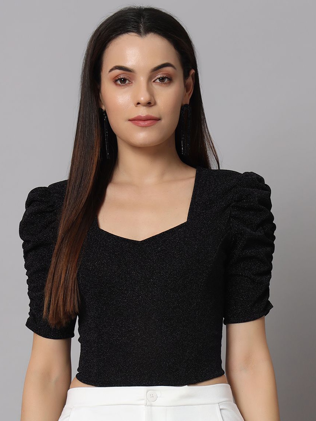 

VAARARO Sweetheart Neck Puff Sleeve Crop Top, Black