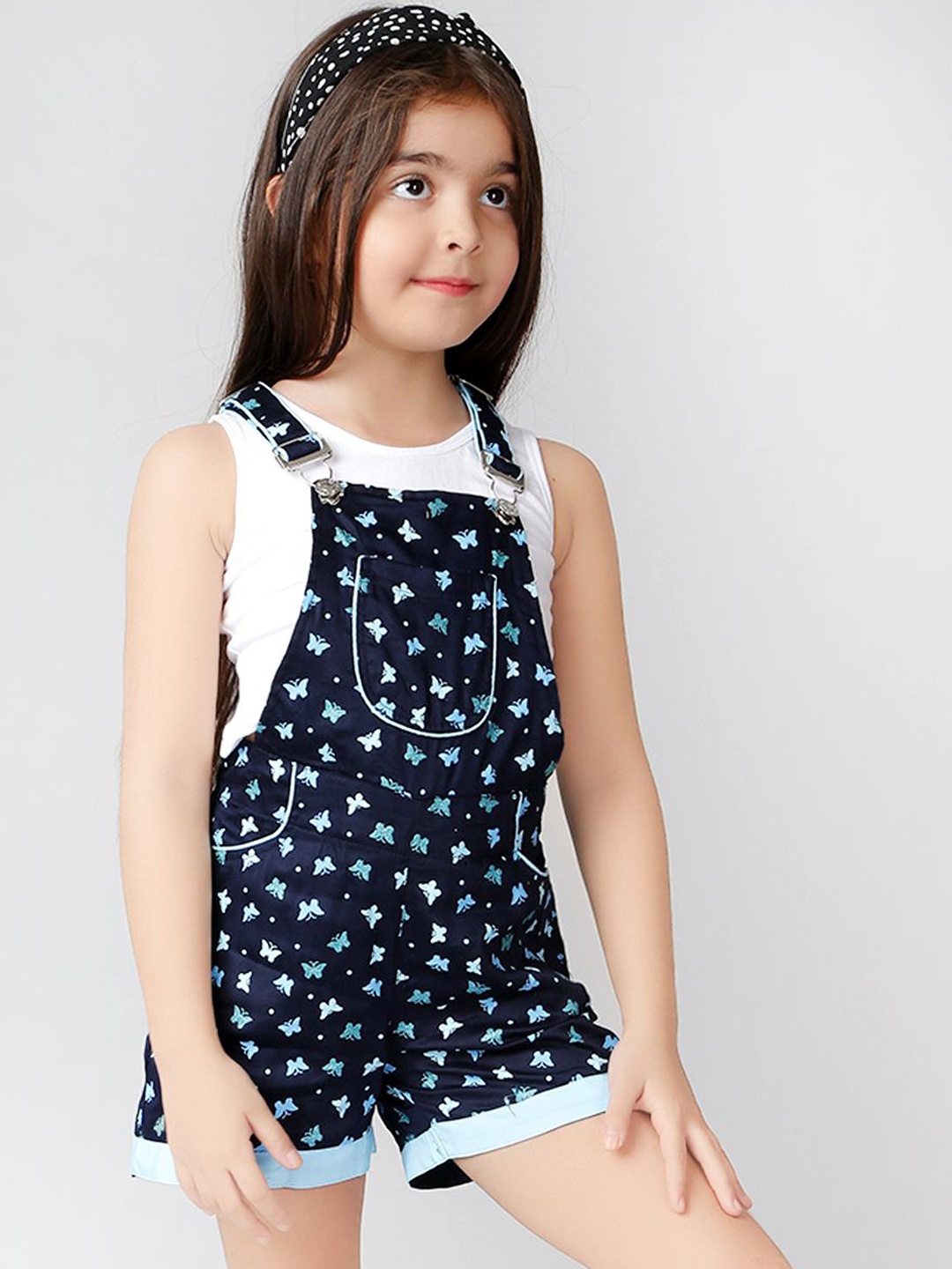 

Naughty Ninos Girls Butterfly Printed Pure Cotton Dungaree With T-shirt, Navy blue