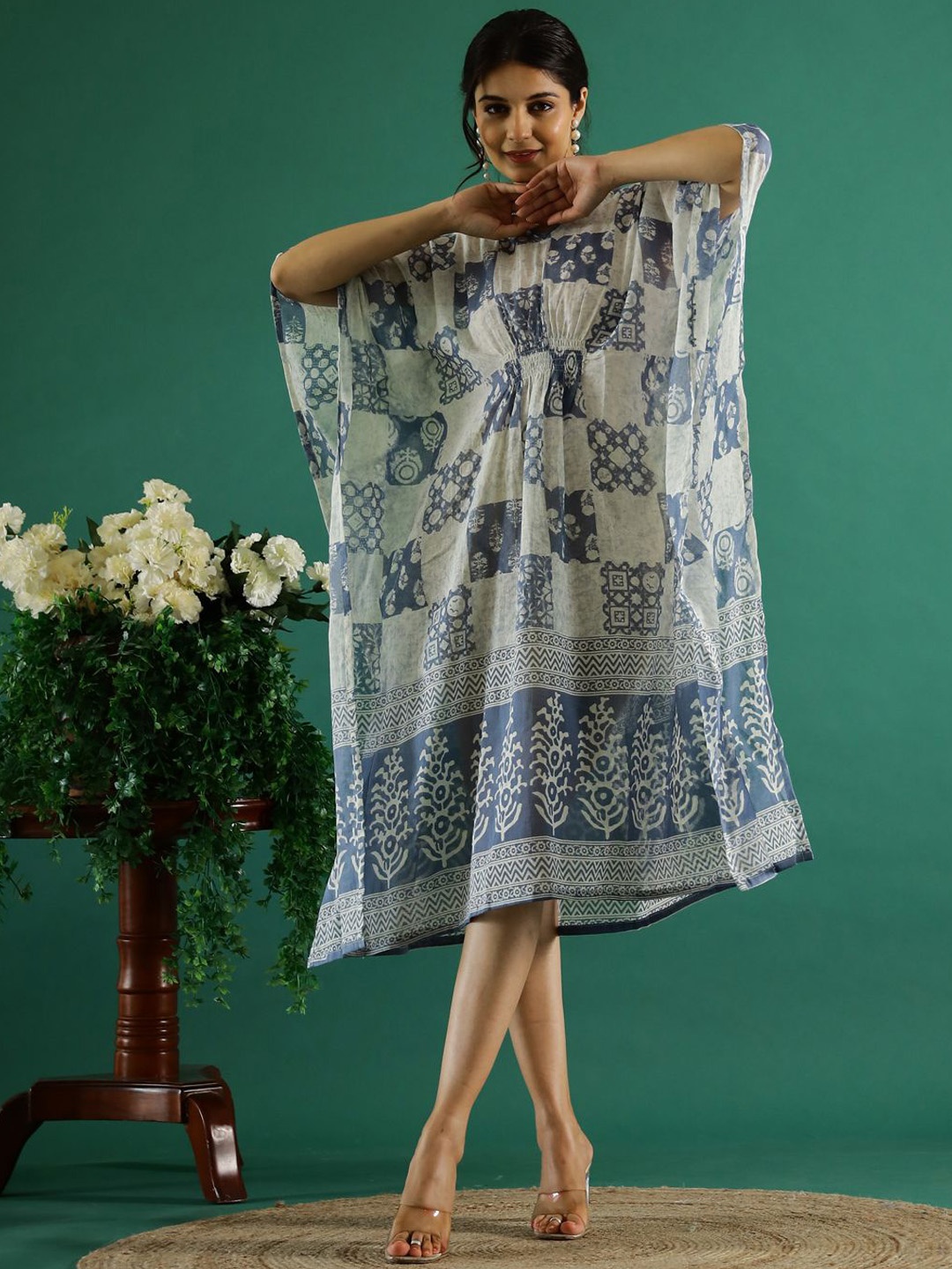 

RangDeep Printed Cotton Kaftan Ethnic Dress, White