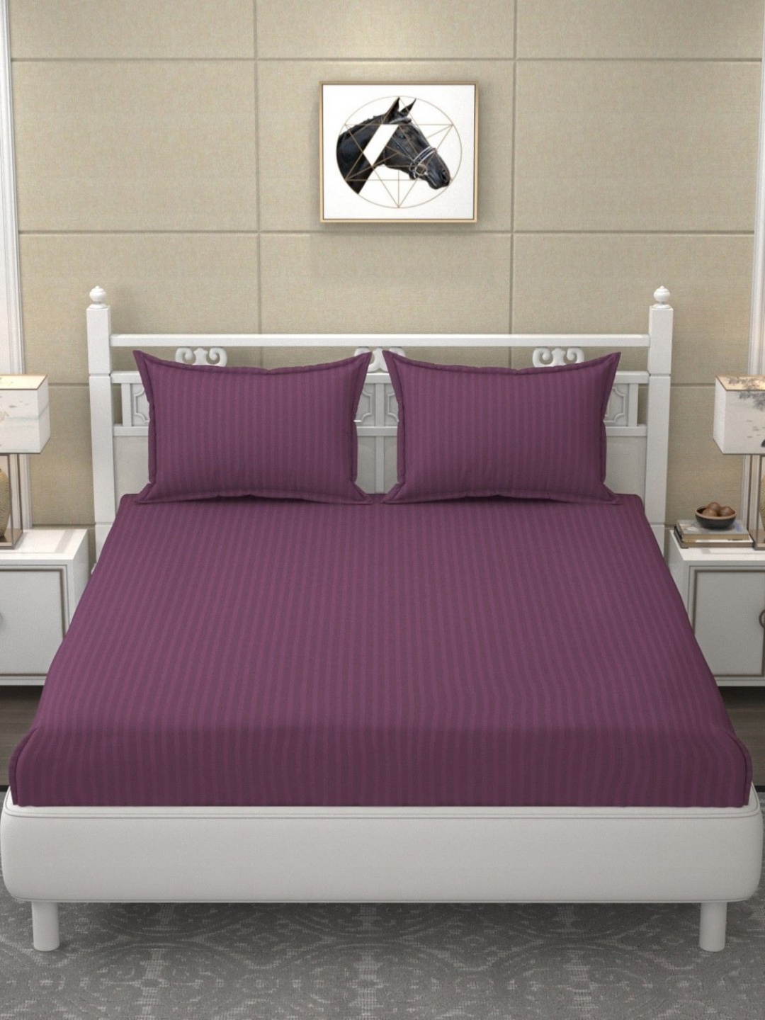 

RIDHAAN Burgundy Striped 210 TC Satin King Bedsheet with 2 Pillow Covers