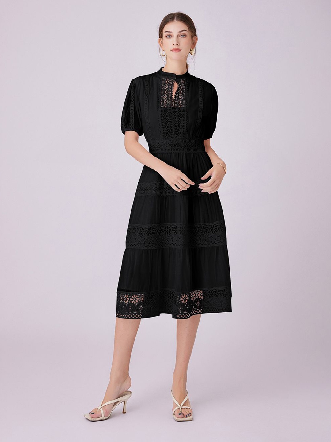 

JC Collection Self Design Keyhole Neck Fit & Flare Midi Dress, Black