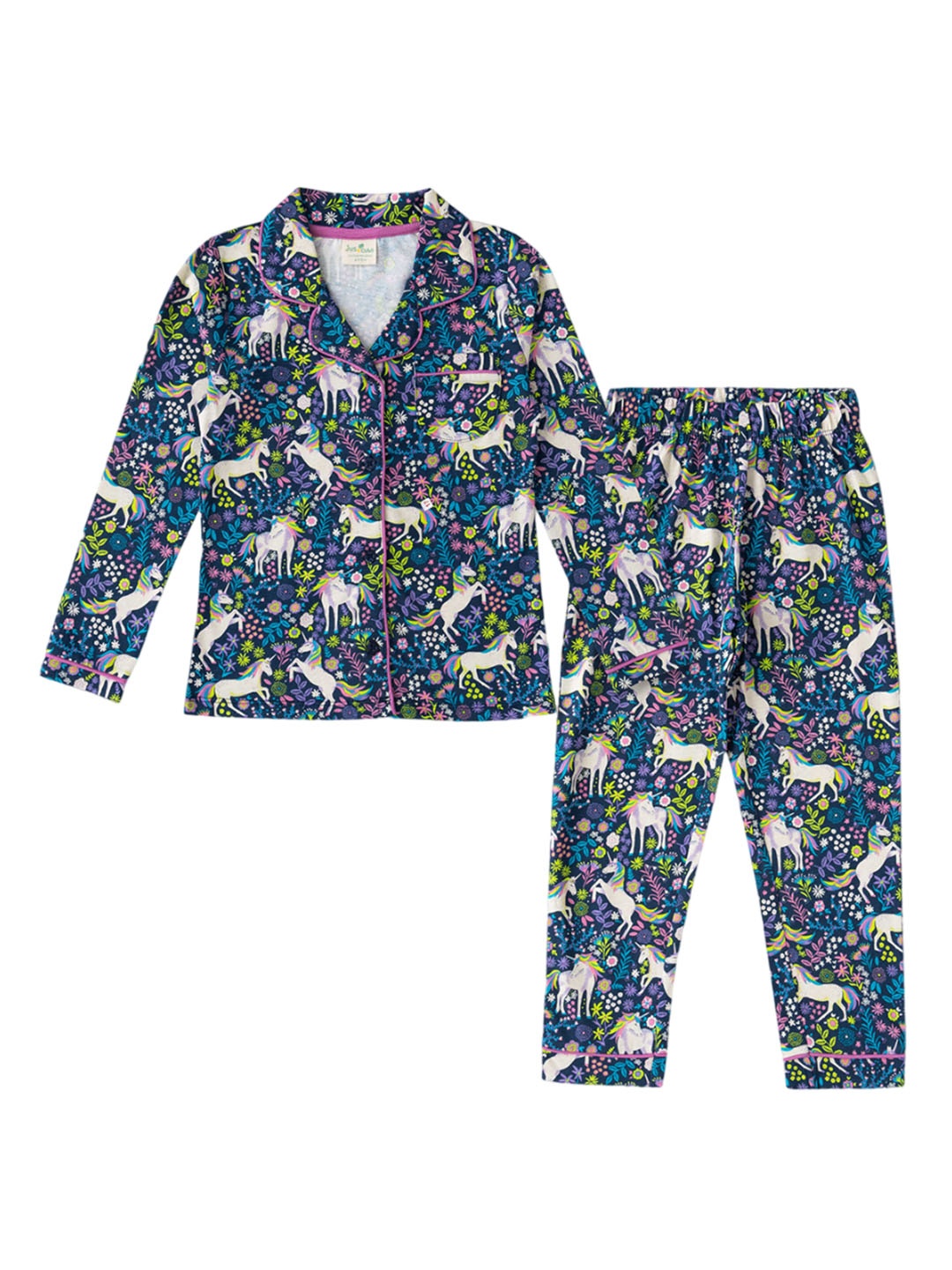

JusCubs Girls Printed Lapel Collar Long Sleeves Pure Cotton Night suit, Navy blue