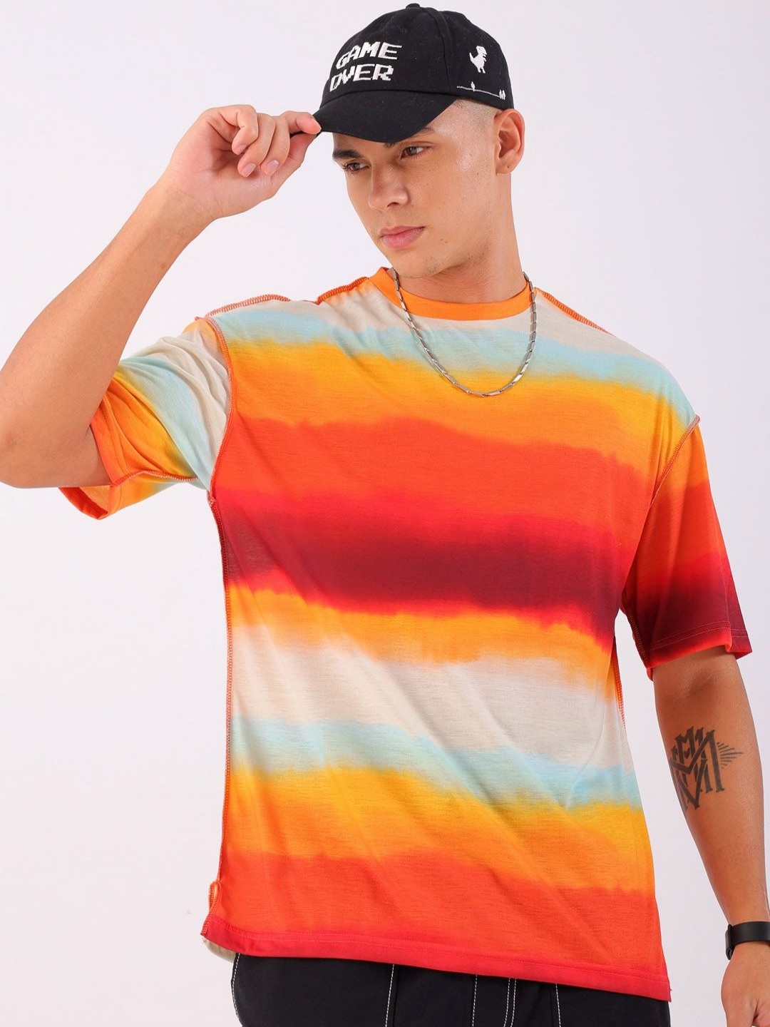 

The Indian Garage Co Men Tie and Dye Round Neck Oversized T-shirt, Yellow