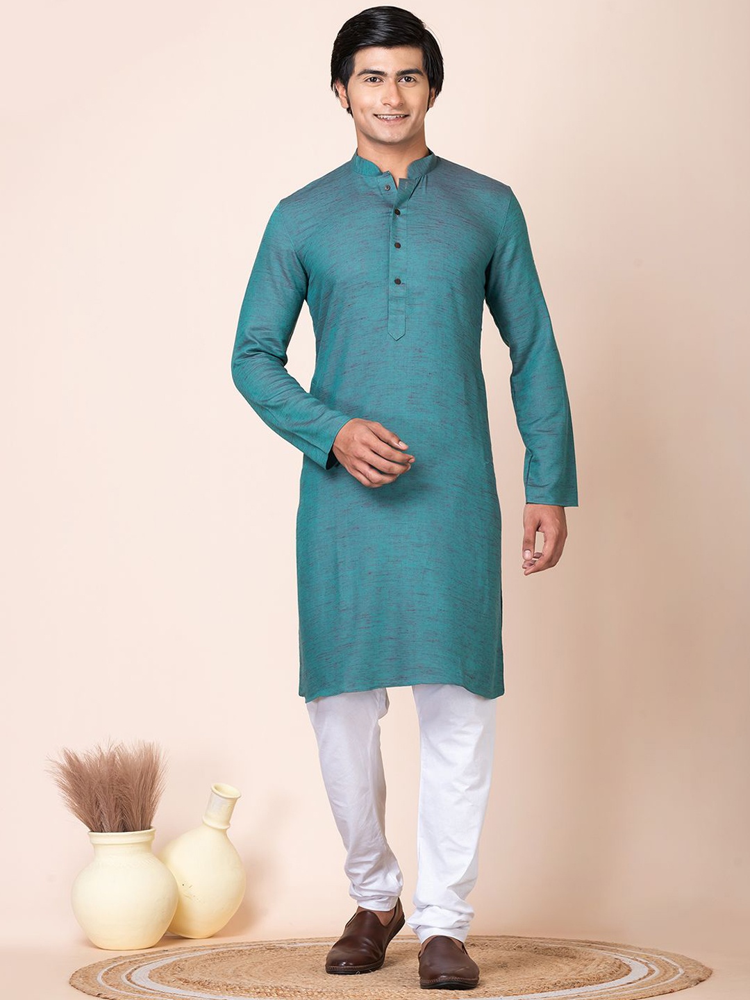 

HU - Handcrafted Uniquely Mandarin Collar Pure Cotton Straight Kurta, Sea green