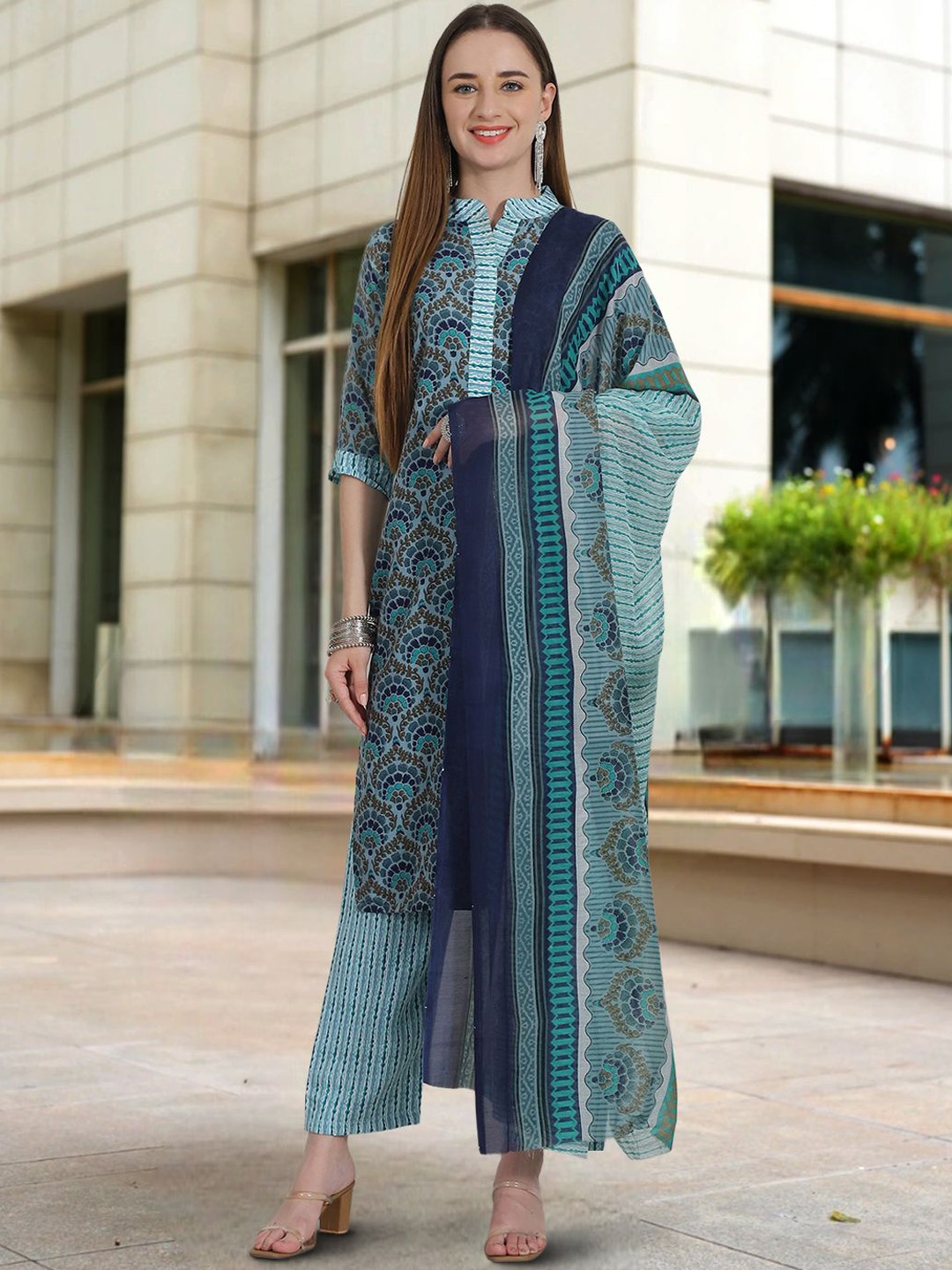 

Ethnic basket Ethnic Motifs Printed Pure Cotton Straight Kurta With Trousers & Dupatta, Teal