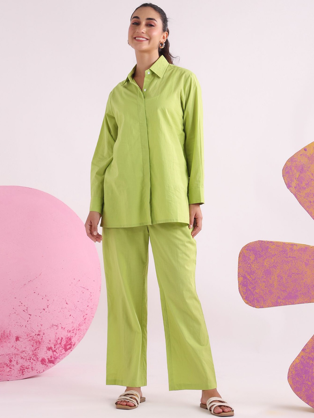 

JISORA Pure Cotton Shirt With Palazzos, Green