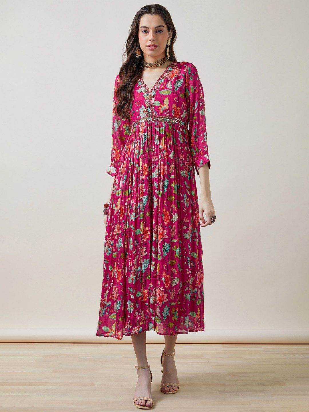 

Soch Women Chinon Floral Print Dress With Mirror Work, Pink