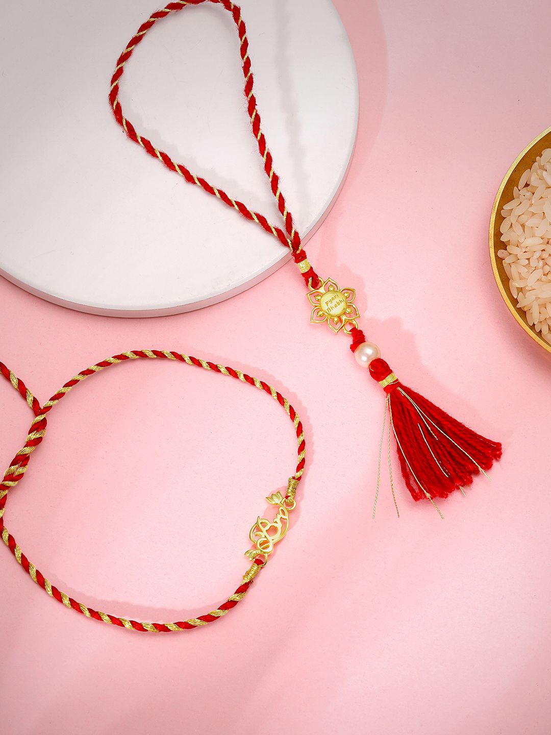 

GIVA 925 Silver Set Of 2 Gold Plated Threaded Rakhis With Roli & Chawal