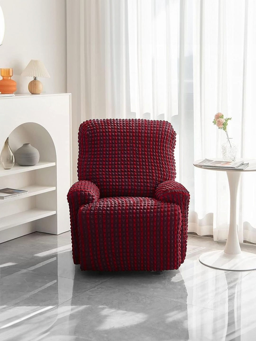 

Cortina Maroon & Purple Self Design Sofa Cover With Arms