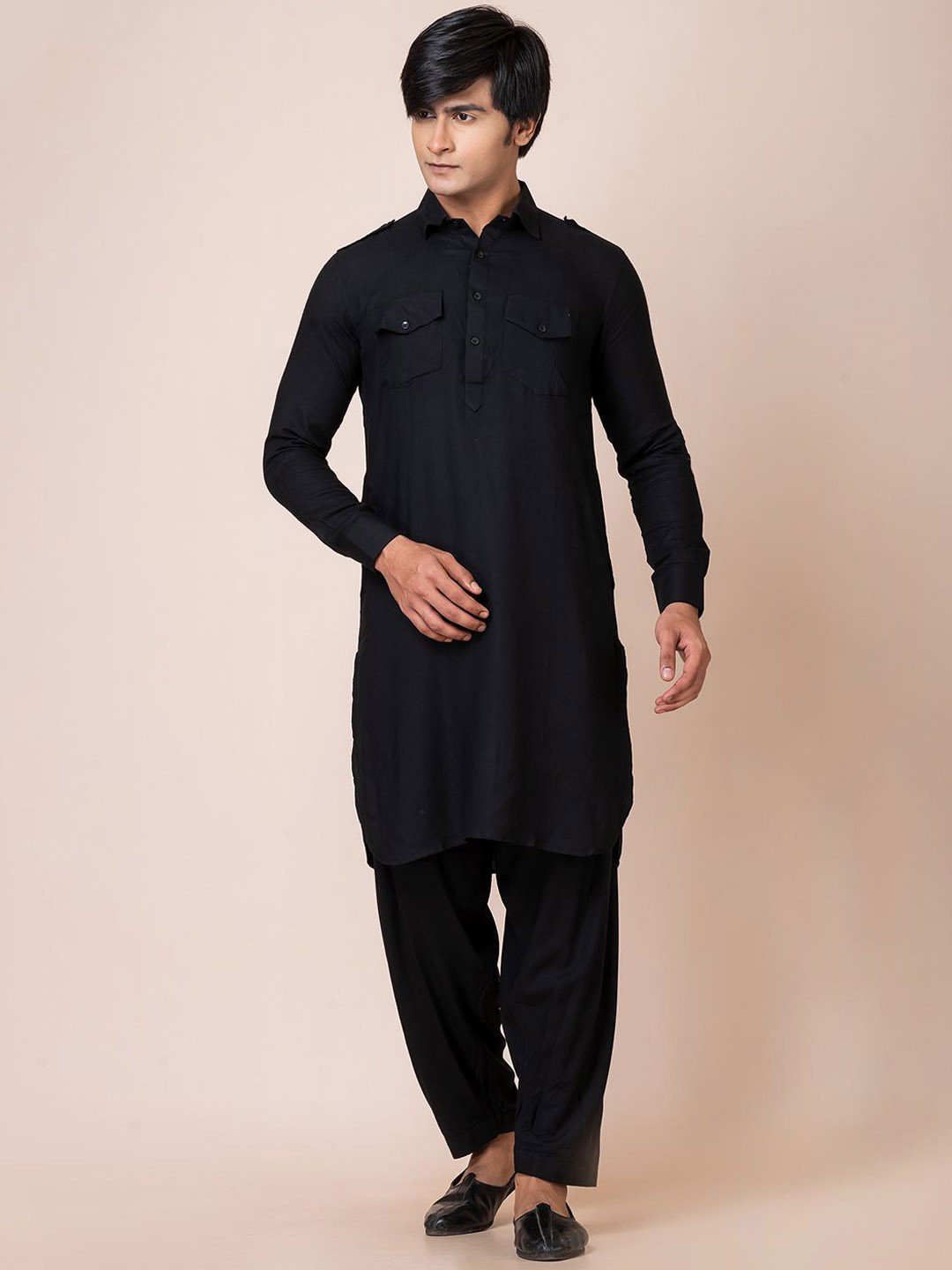 

HU - Handcrafted Uniquely Shirt Collar Cotton Pathani Kurta, Black