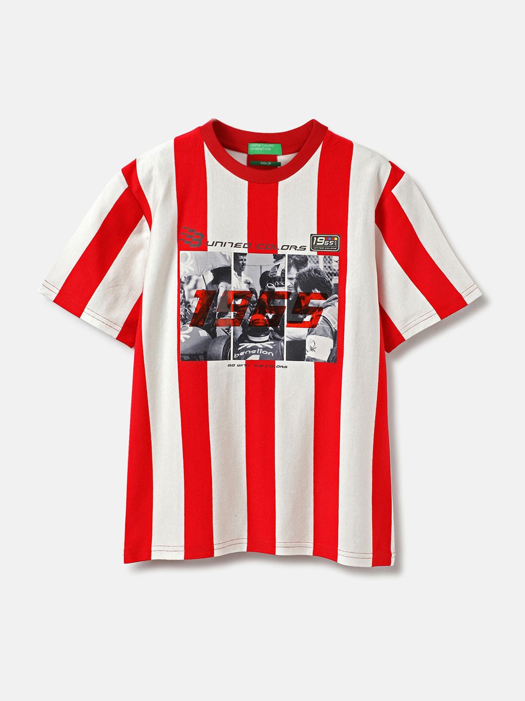 

United Colors of Benetton Boys Striped V-Neck Pure Cotton Applique T-shirt, Red