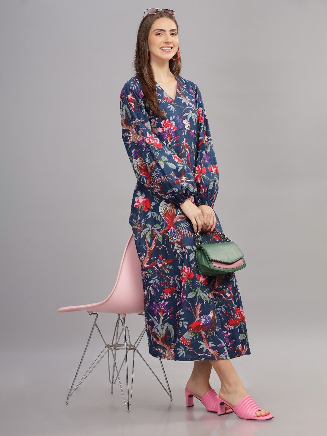 

THE VASILIKI Floral Printed A-Line Midi Dress, Blue