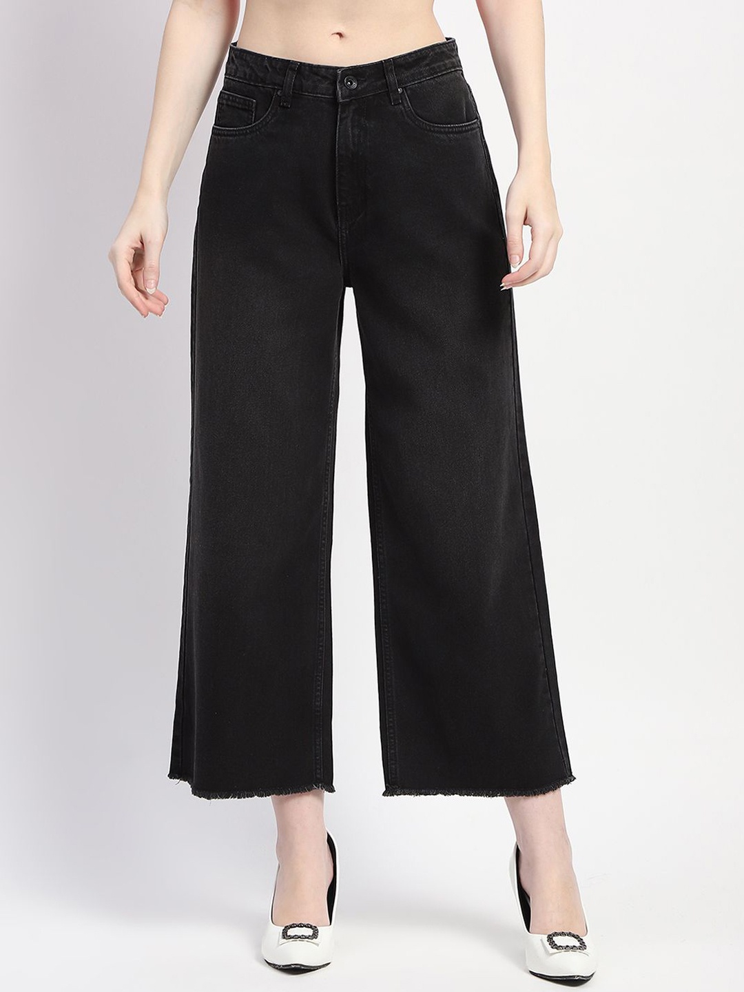 

Madame Women Wide Leg Mid-Rise Cotton Jeans, Black