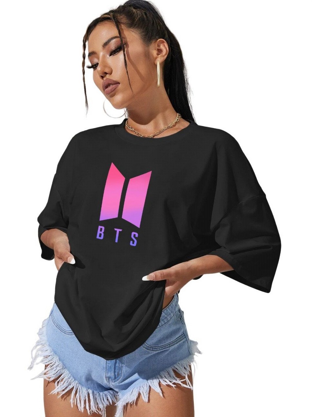 

TABADTOD Women Graphic Printed Oversized T-shirt, Black