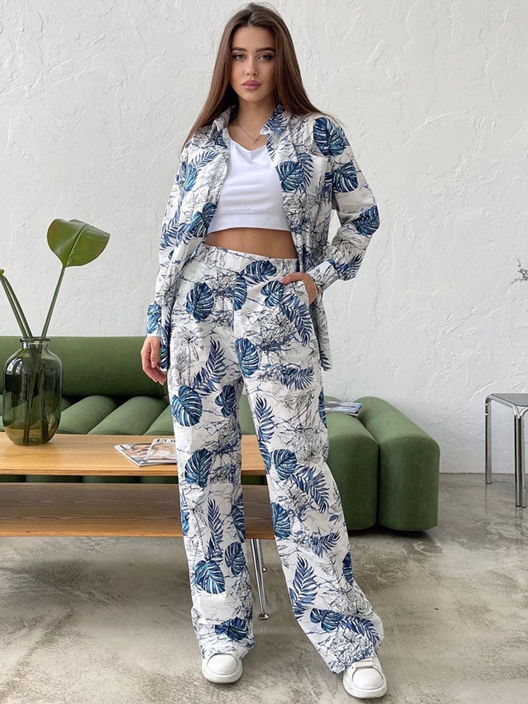 

LULU & SKY Tropical Printed Shirt With Trousers, White