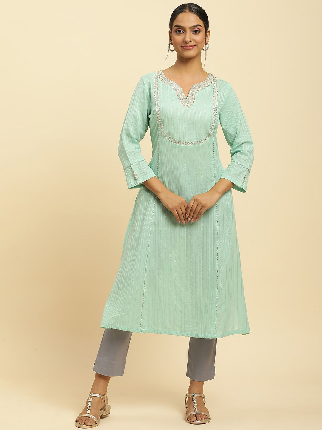 

W Striped Notch Neck Thread Work A Line Kurta, Blue