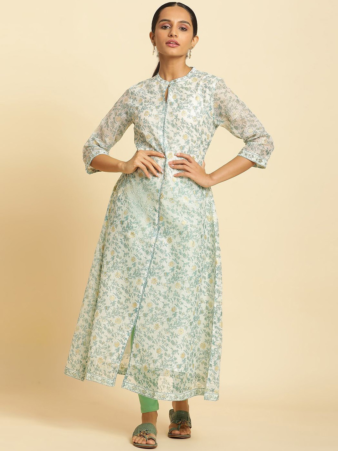 

W Floral Printed Mandarin Collar A-Line Kurta, Off white