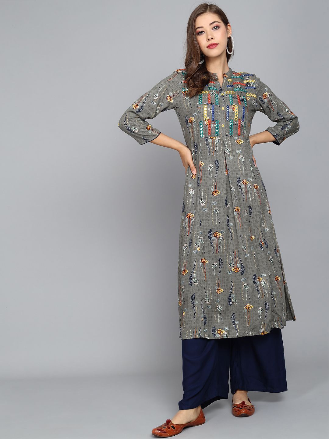 

Anouk Grey Floral Printed Mandarin Collar Mirror Work A-Line Kurta