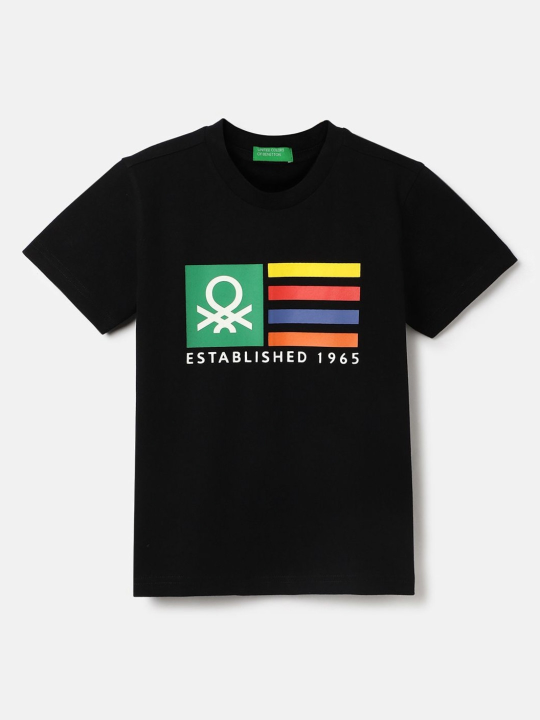 

United Colors of Benetton Boys Printed V-Neck Pure Cotton Applique T-shirt, Black