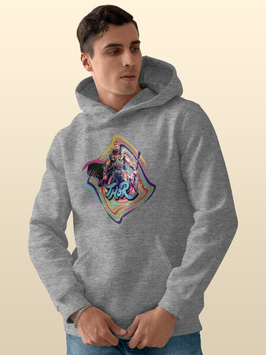 

macmerise Men Printed Hooded Sweatshirt, Grey