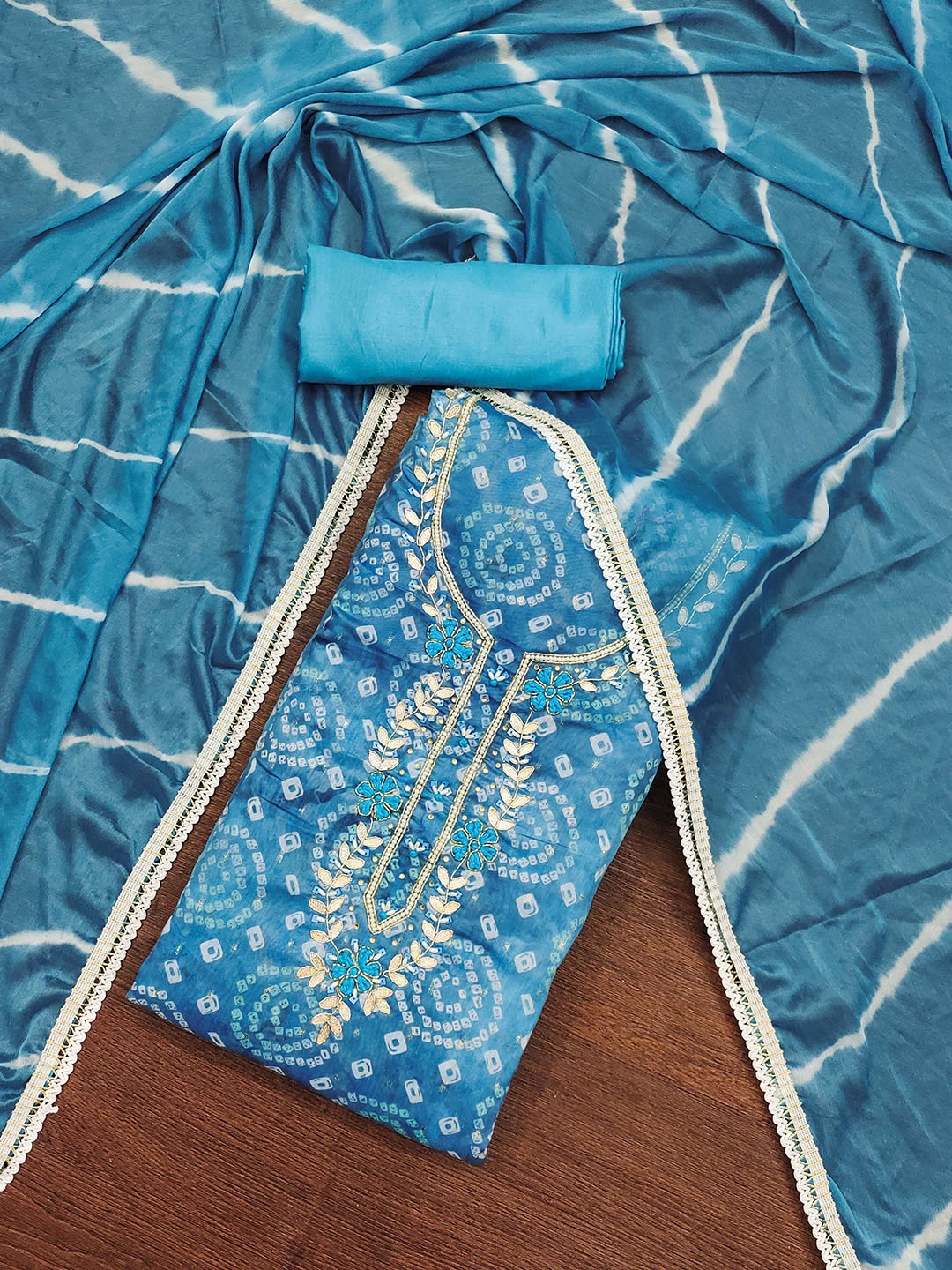 

KALINI Bandhani Printed Beads & Stones Unstitched Dress Material, Blue