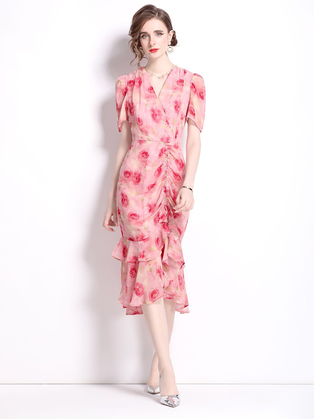 

JC Collection Floral Printed Fit and Flare Midi Ruffles Dress, Pink