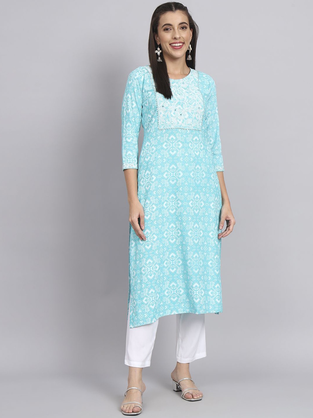 

Anouk Turquoise Blue Ethnic Motifs Printed Gotta Patti Liva Straight Kurta