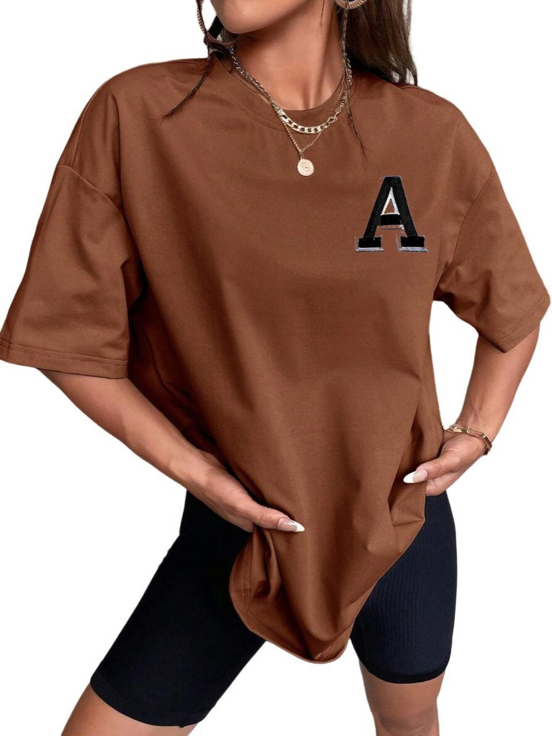 

TABADTOD Women Round Neck Solid Oversized T-shirt, Brown