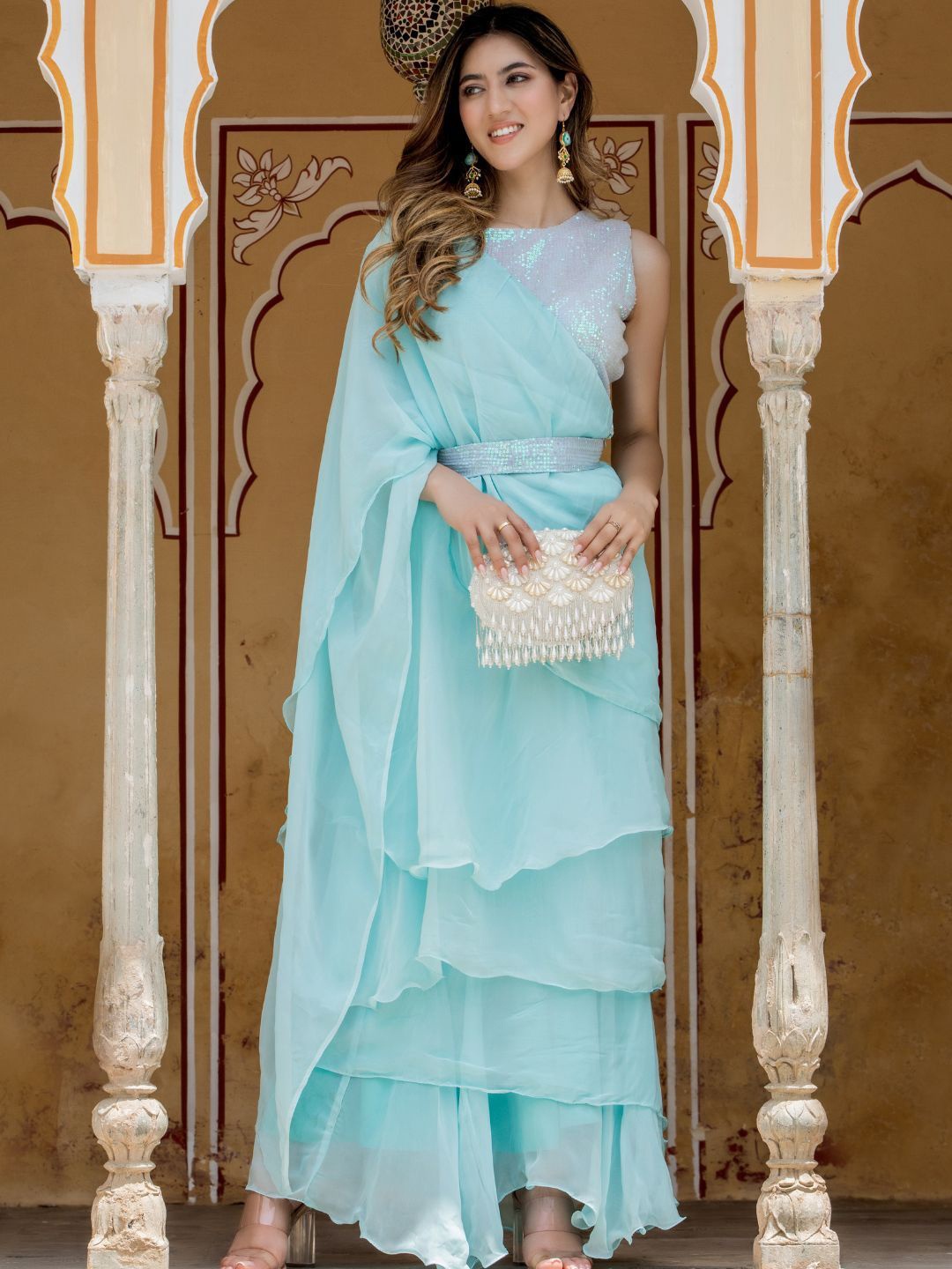 

HOUSE OF JAMOTI Jaali Organza Ruffle Saree, Blue