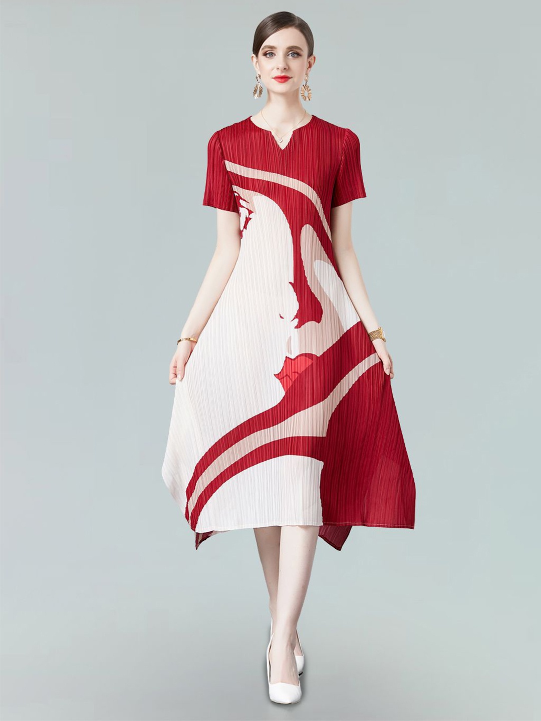 

JC Collection Printed Short Sleeves A-Line Midi Dress, Red