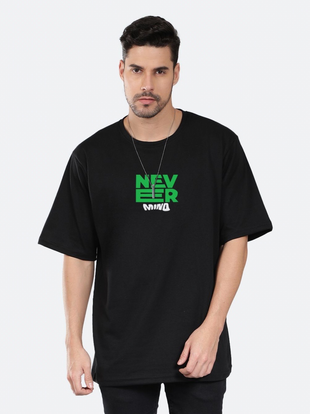 

Mad Over Print Men Typography Printed Round Neck Cotton Oversized T-shirt, Black
