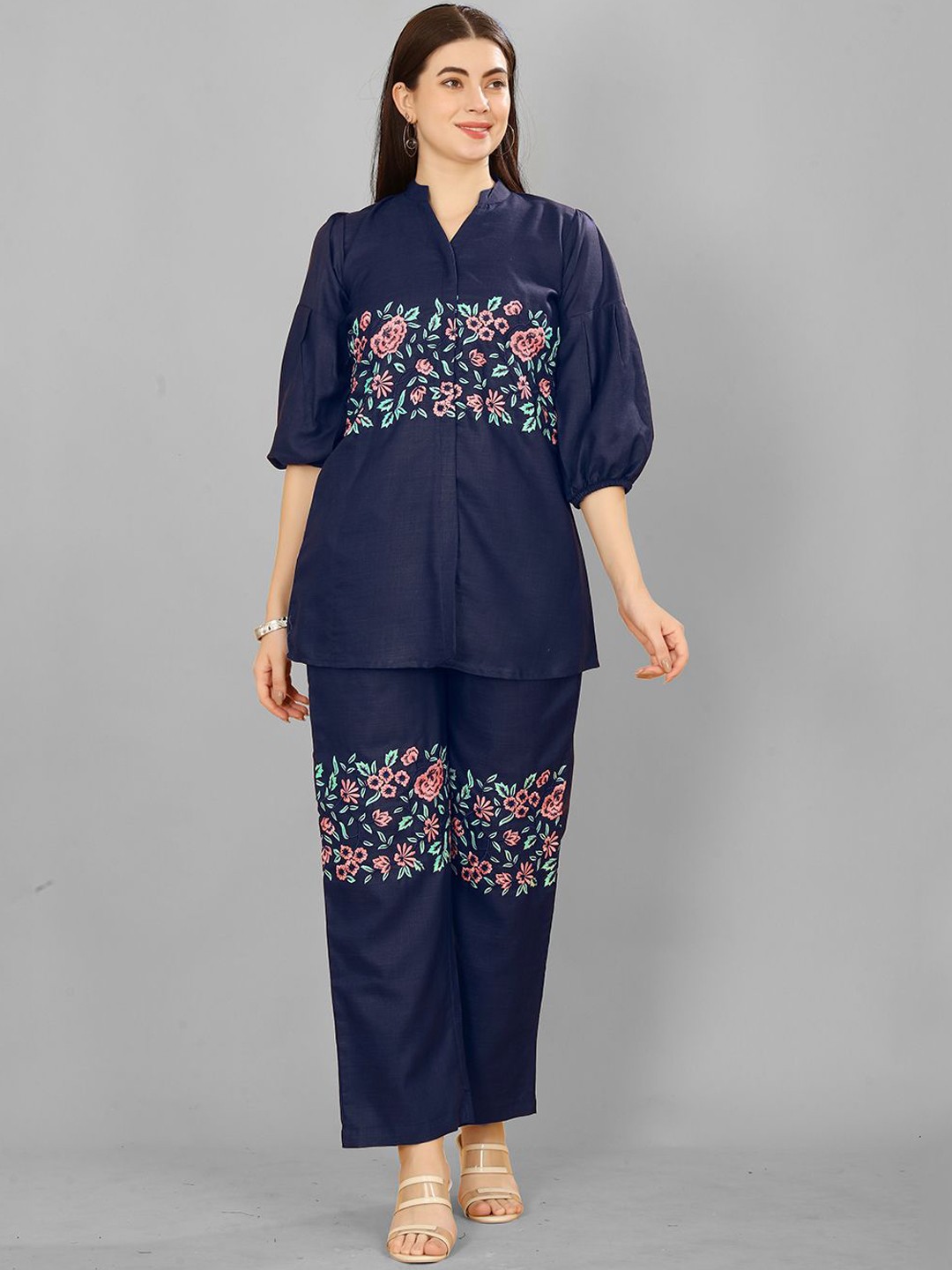 

Lilots Floral Embroidered Mandarin Collar Pure Cotton Shirt With Trousers, Navy blue