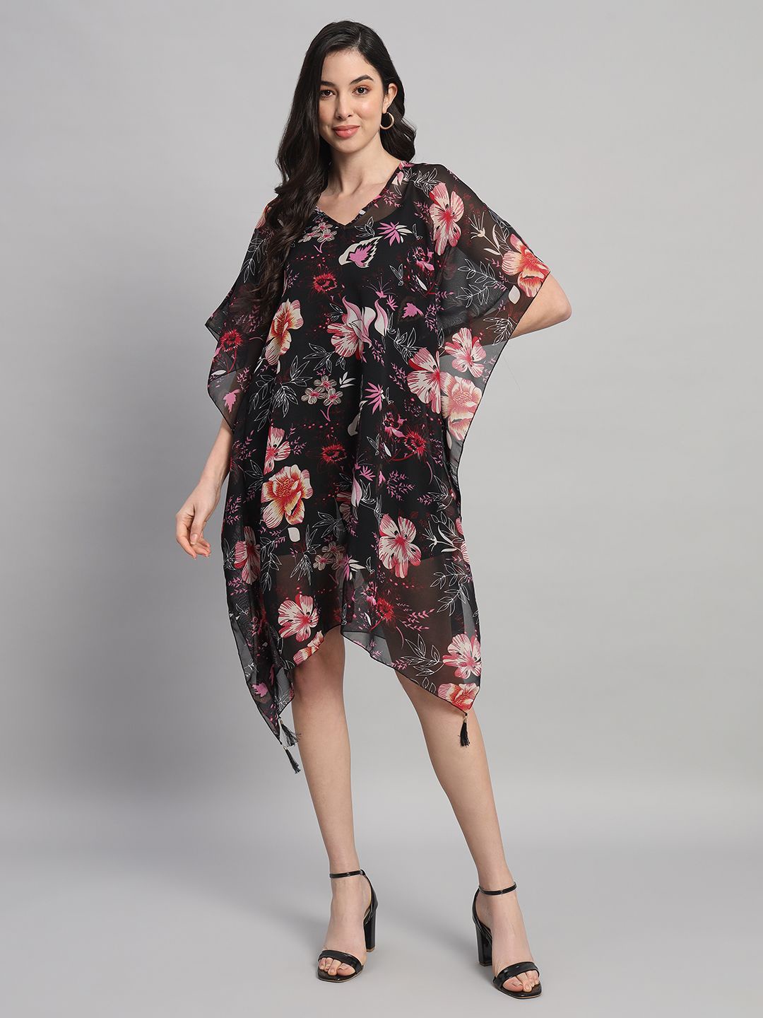 

Curvydrobe Floral Print Flared Sleeves Kaftan Dress, Black