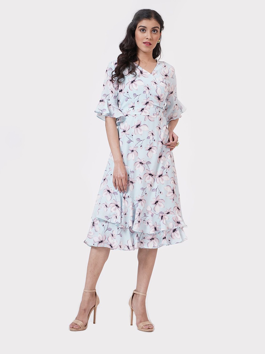 

SHECZZAR Floral Printed Flared Sleeve Fit & Flare Dress, Blue