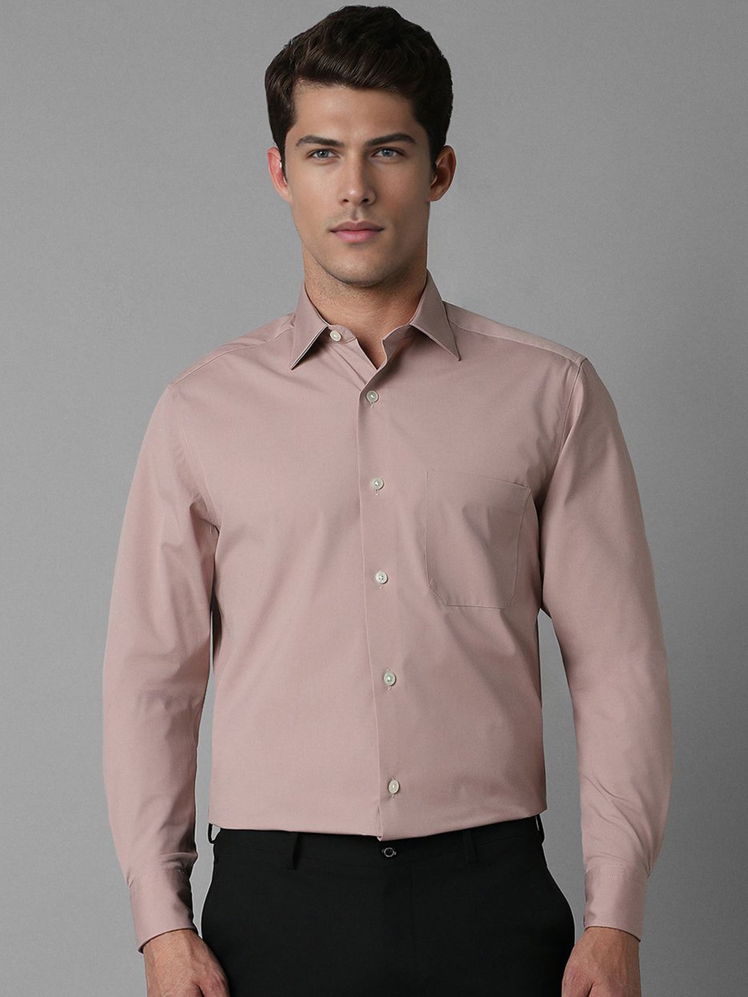 

Louis Philippe Men Classic Spread Collar Solid Cotton Formal Shirt, Brown