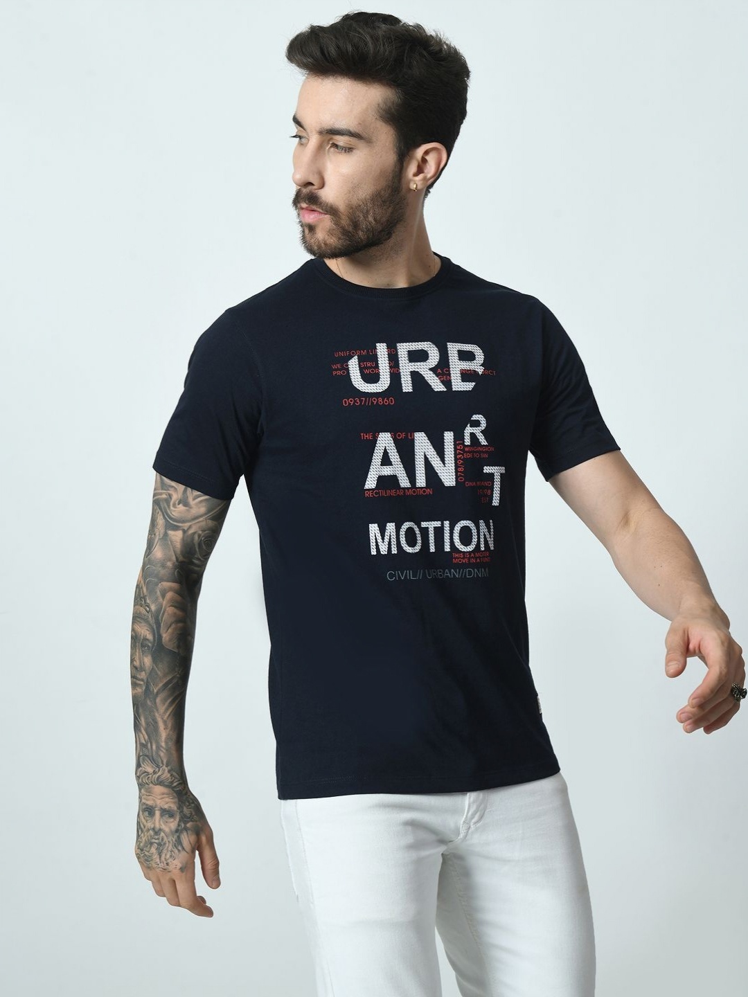 

STARFOX Men Printed Round Neck Cotton T-shirt, Navy blue