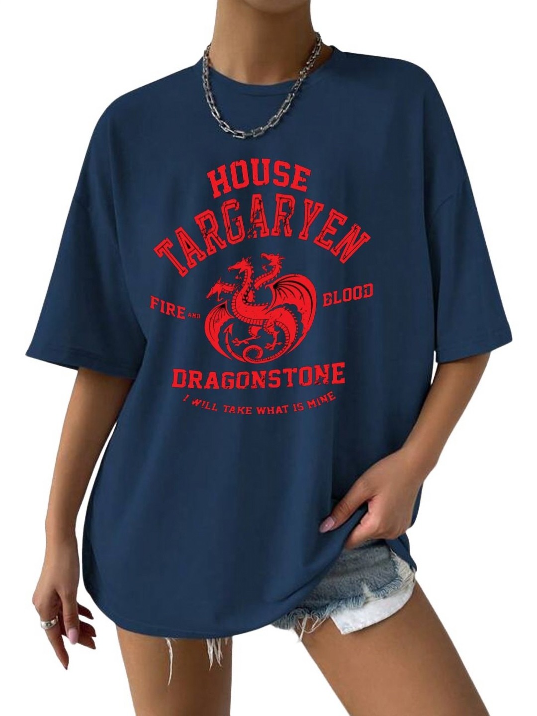

TABADTOD Women Typography Printed Oversized T-shirt, Navy blue