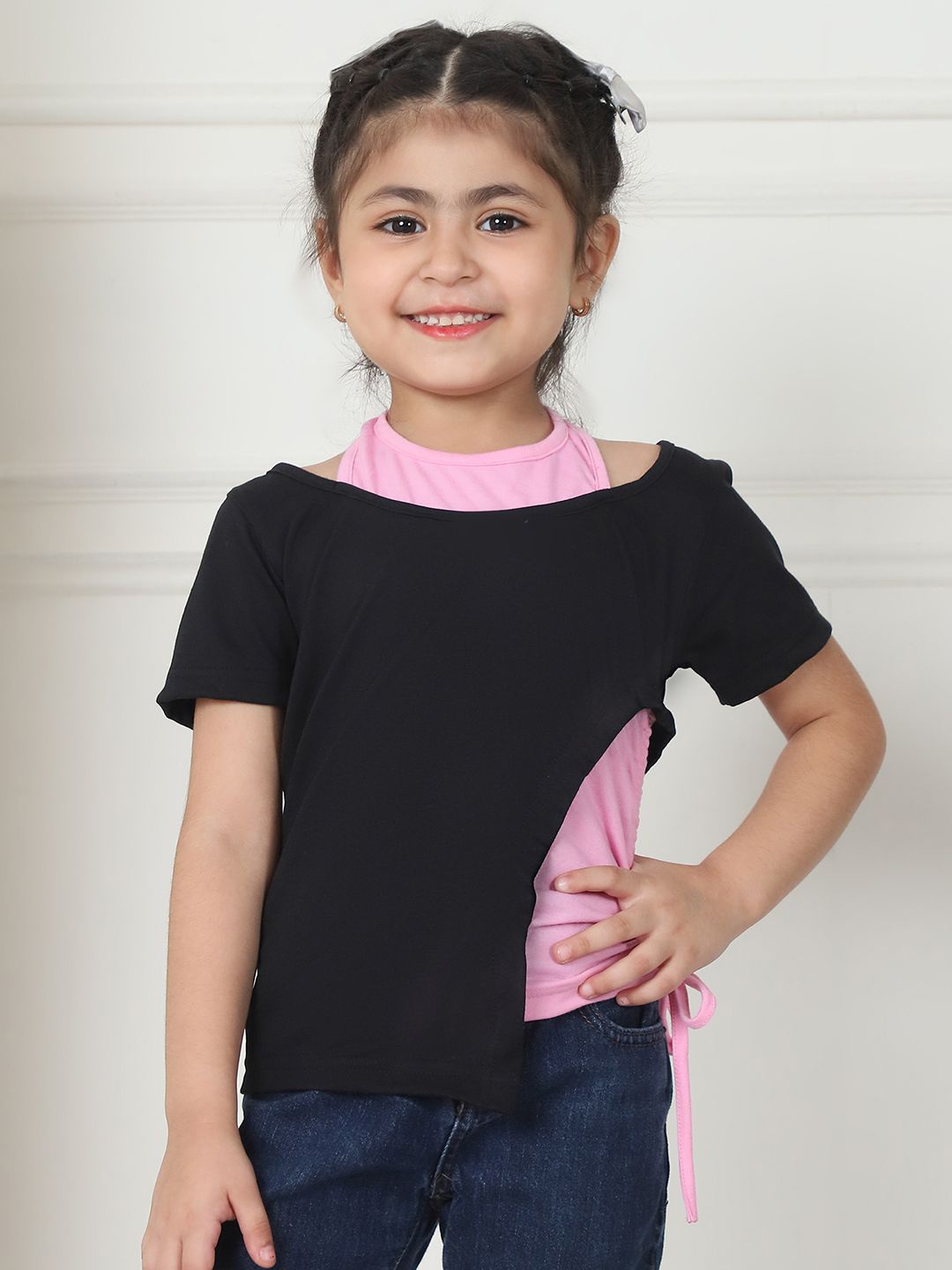 

MINI & MING Girls Layered Cotton Round Neck Top, Black