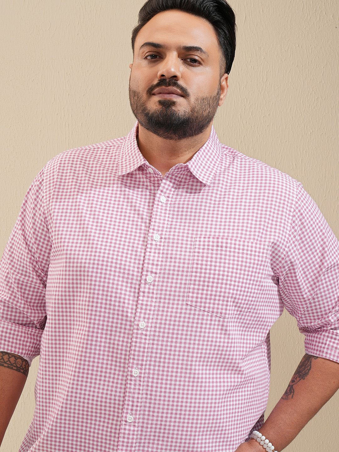 

HIGHLANDER Men Plus Size Regular Fit Gingham Check Shirt, Pink