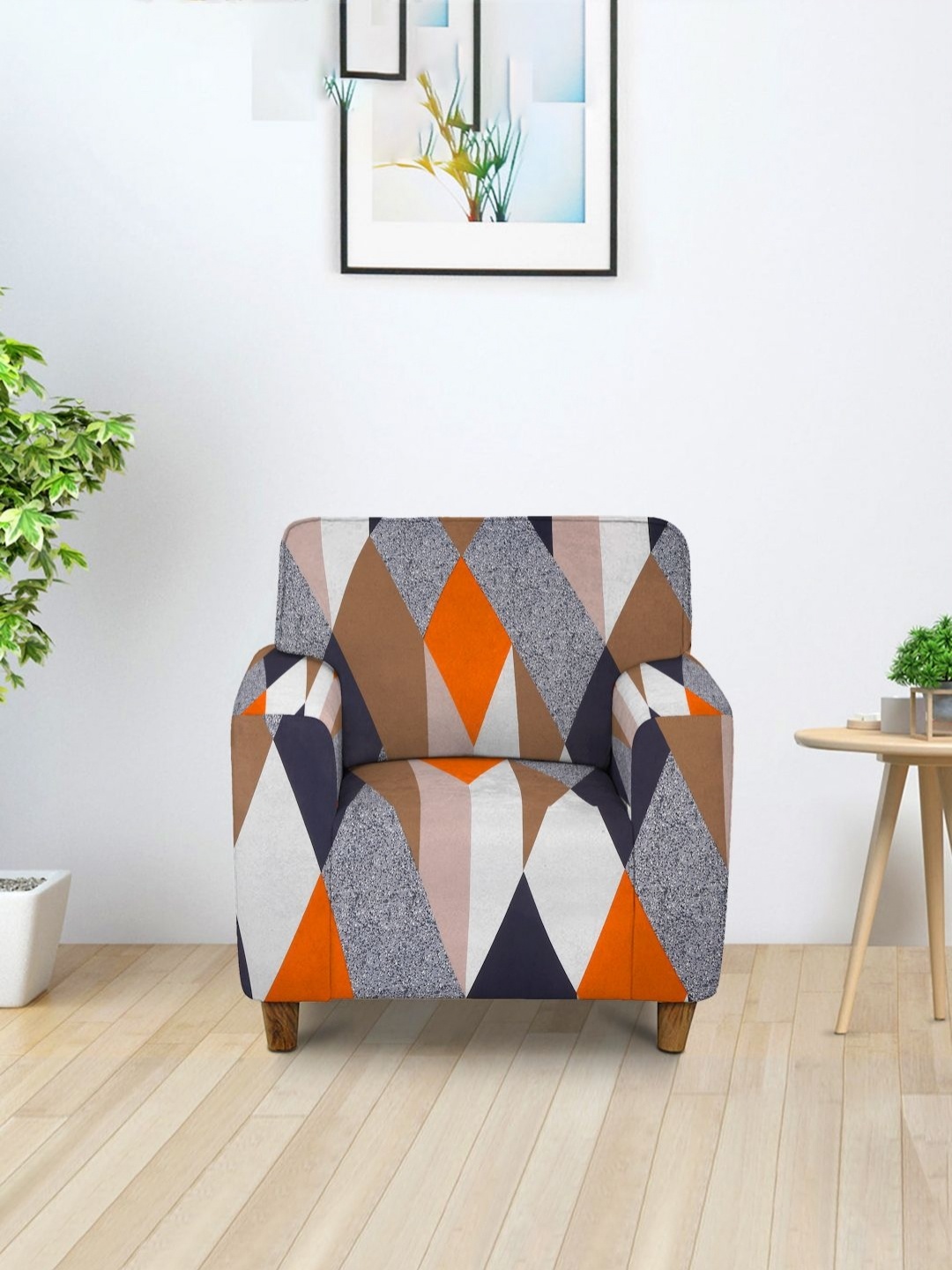 

HOSTA HOMES Grey & Orange Printed Stretchable Sofa Cover With Arms