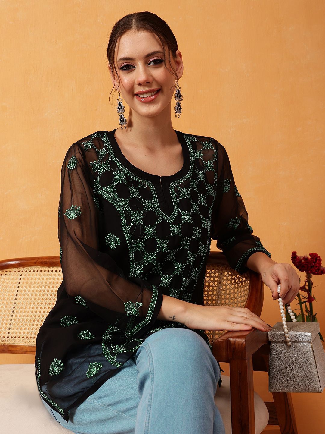 

ADA Ethnic Motifs Embroidered Chikankari Chikankari Kurti, Black