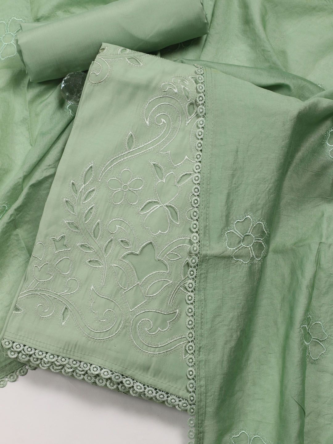 

Meena Bazaar Embroidered Art Silk Unstitched Dress Material, Green
