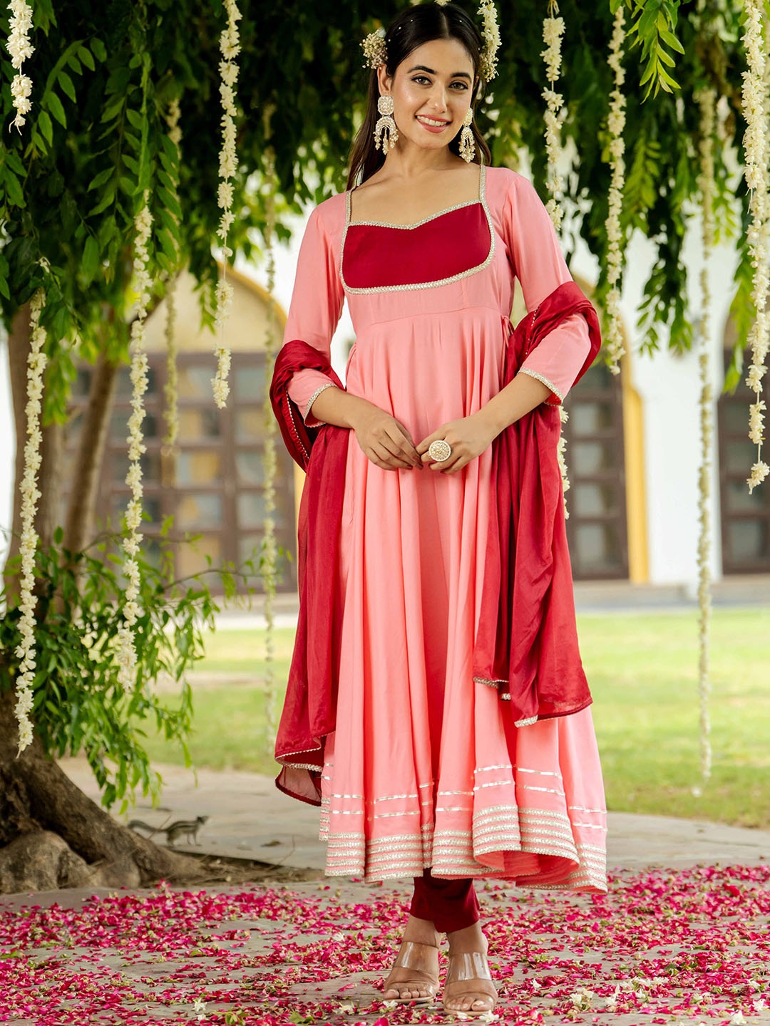 

GAYRAA Sweetheart Neck Empire Anarkali Kurta With Trouser & Dupatta, Peach