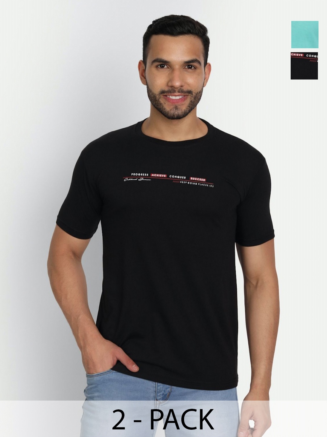 

ZEFFIT Men Pack Of 2 Typography Printed Round Neck Cotton T-shirt, Black