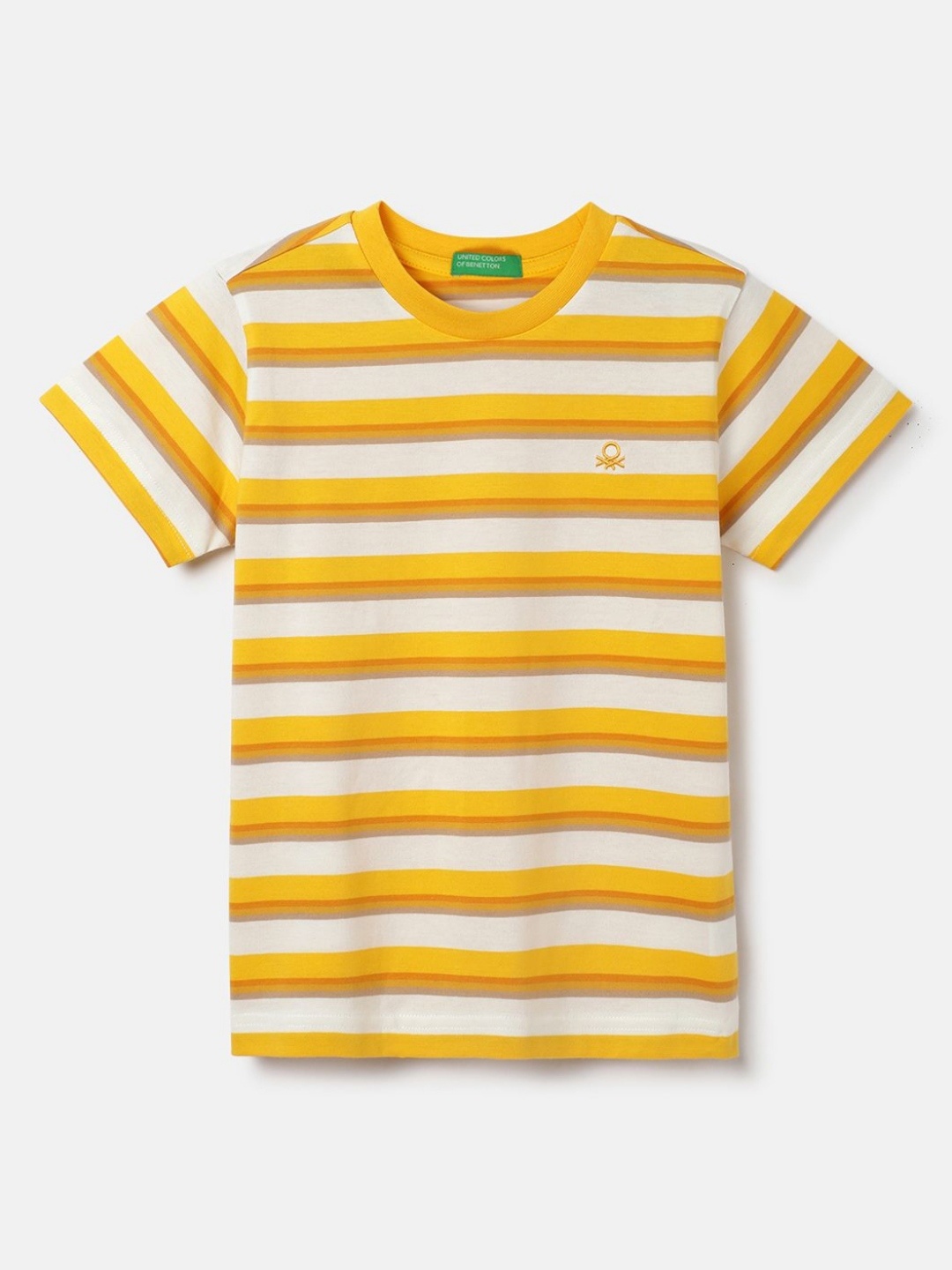 

United Colors of Benetton Boys Striped Pure Cotton Applique T-shirt, Yellow