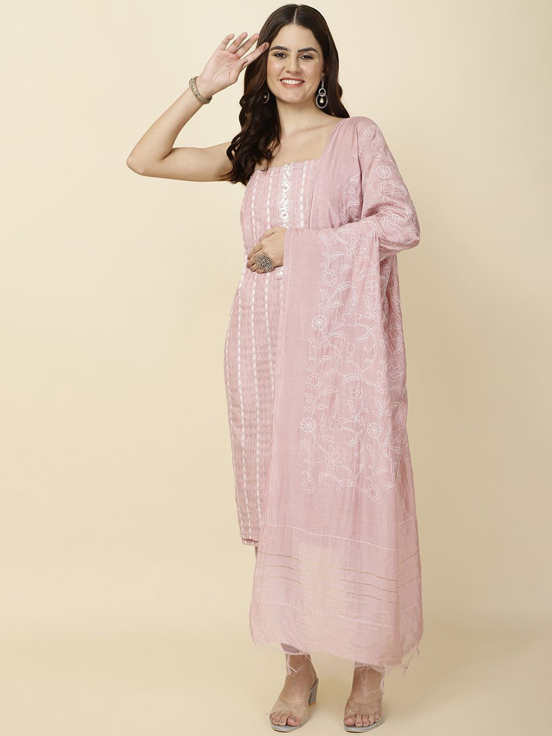 

Meena Bazaar Floral Woven Design Thread Work Unstitched Dress Material, Pink