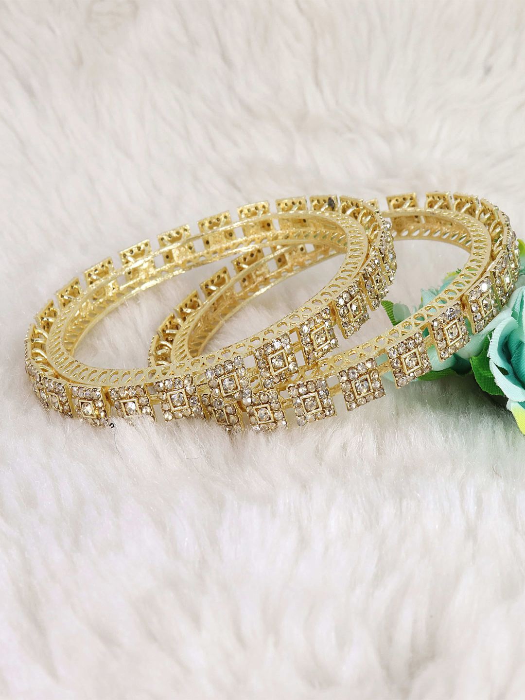 

NMII Set Of 2 Cubic Zirconia Stone-Studded Antique Bangles, Gold