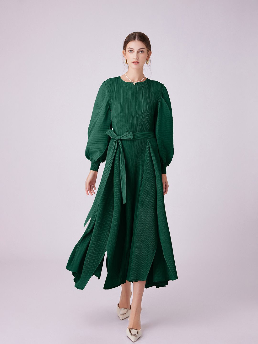 

JC Collection Striped Cuffed Sleeves Belted Fit & Flare Midi Dress, Green